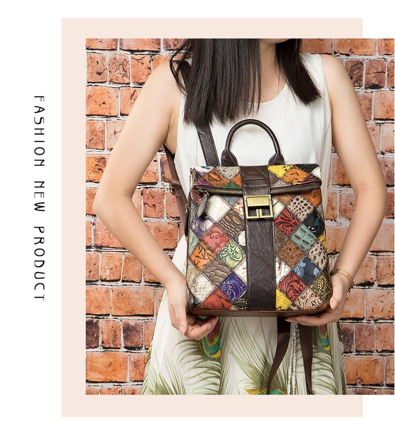 The First Layer Cowhide Ethnic Style Stitching Covered Backpack