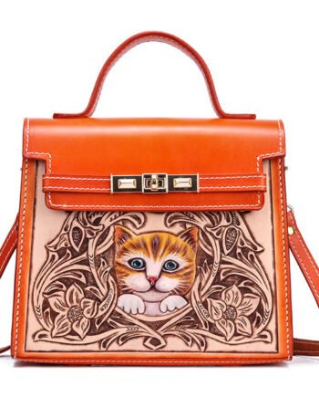 Handmade First Layer Cowhide Engraved Cat Handbag